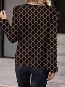 SHEIN Clasi قميص نسائي كاجوال بأكمام طويلة ذو نمط هندسي بسيط، مناسب للربيع والخريف - الأسود - مشاهدة 2