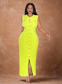 Veslaya 大码女式无袖荧光绿单排扣修身优雅针织连衣裙，秋冬款 - 綠色 - 查看 1