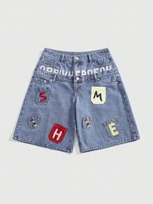 ROMWE Street Life Y2K Streetwear Embroidered Pocket Design Low Waist Loose Fit Denim Bermuda Shorts - Blue - View 1