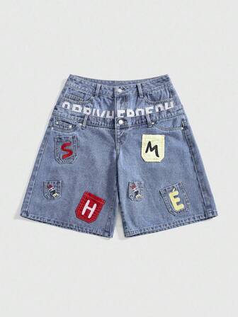 Street Life Pantaloncini di jeans Bermuda a vita bassa, vestibilità morbida, con design ricamato sulla tasca, in stile Y2K streetwear