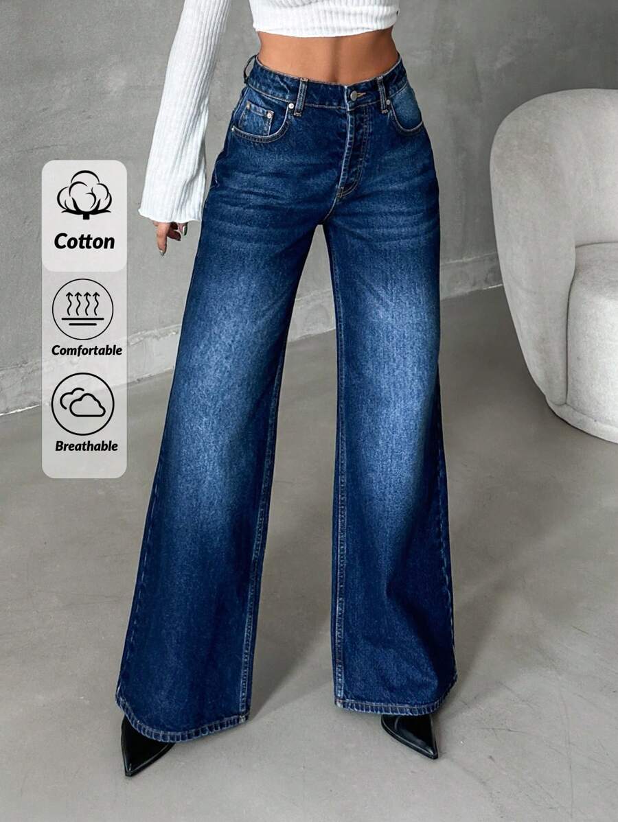 EURMUSE Jeans De Pierna Ancha Para Mujer - Azul lavado medio - Ver 1