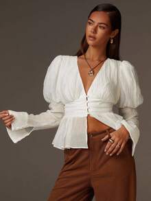 Athîral Women's Solid Color Deep V-Neck Puff Sleeve Button Design Ruffle Hem Elegant Fashion Blouse - White - View 4