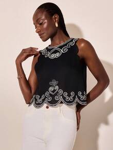 CAJUNI Top noir imprimé décontracté pour vacances pour femmes