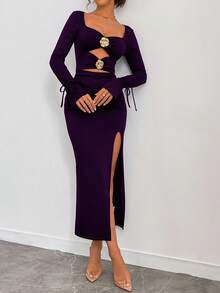 Rafferiza Đầm midi hở lưng xếp ly 3D họa tiết hoa rỗng thanh lịch dành cho nữ, phong cách Y2K gợi cảm nhưng vẫn giản dị, phù hợp với trang phục Maxi mùa xuân và mùa thu dành cho nữ - Bold Plum - Xem 3