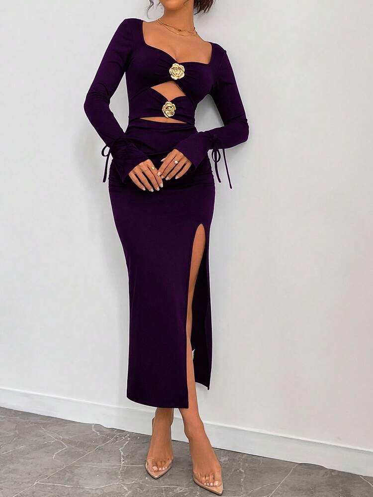 Rafferiza 女士优雅镂空花卉 3D 褶皱紧身开叉露背中长连衣裙，性感又休闲的 Y2K 风格，适合春秋季女装 - Bold Plum - 查看 3