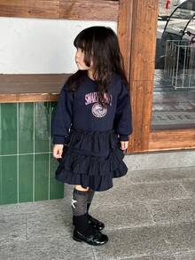 DAZY Infant/Toddler Girls' Ruffle Hem Korean Cartoon Letter Casual Dress - Navy Blue - View 7