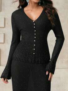 Aveloria 女士 V 领长袖单排扣水钻褶边毛衣秋季女装秋季女装秋季秋装针织套头衫秋冬