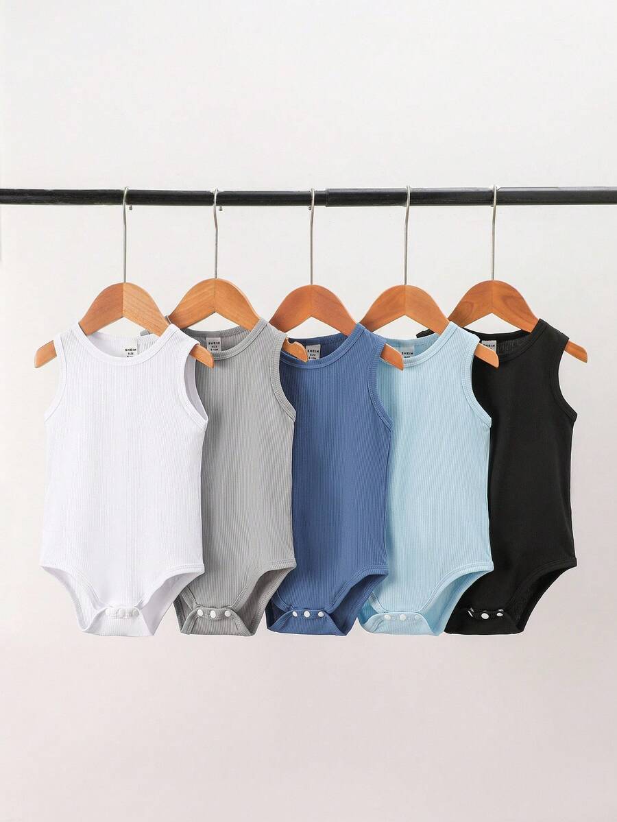 SHEIN Playful Pals 5件套新生男宝宝可爱暖色调连体衣,适合外出、度假、节日、春夏穿着 - 彩色 - 查看 1