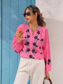 Vivid Eden Top casual à manches lanternes avec imprimé floral et encolure avec trou de serrure, automne - Rose bonbon - Voir 1