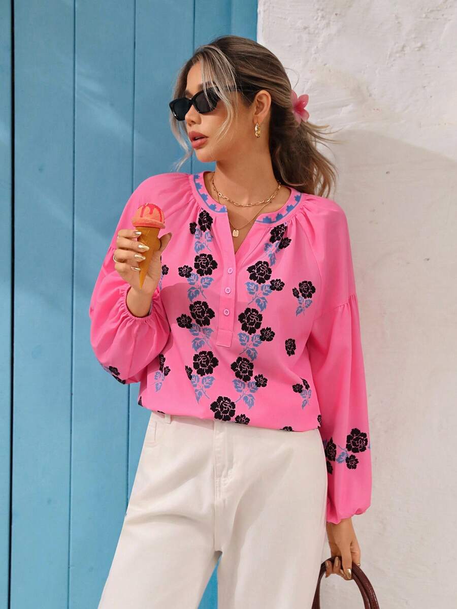 Vivid Eden Top casual à manches lanternes avec imprimé floral et encolure avec trou de serrure, automne - Rose bonbon - Voir 1