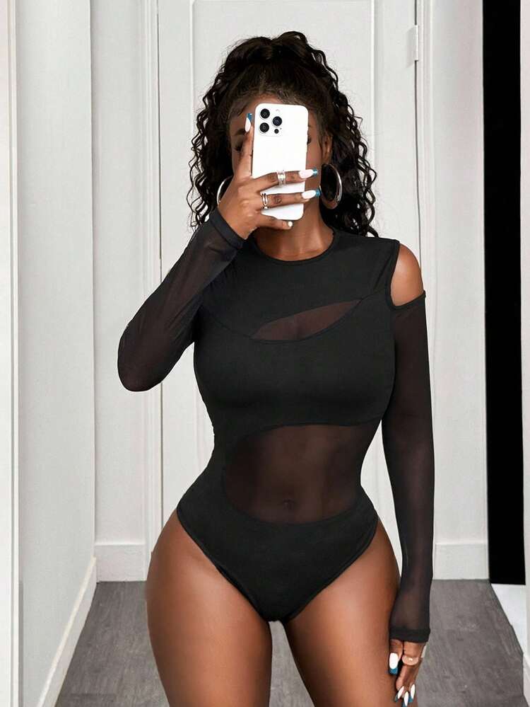 BamGleam Body Con Hombros Descubiertos Y Empalme De Malla Para Mujer - Negro - Añade 8