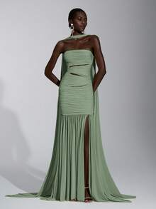 Elitara Elegant Luxurious Mustard Yellow Elastic Mesh Hollow Design Fitted Sexy Slit Fishtail Skirt, Suitable For Women's Formal Evening Gown - Mint Green - View 1