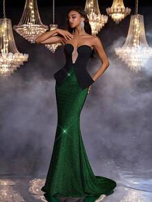 Glamrae Elegante, romántico, sexy, de moda, de tela de punto que se ajusta al Body, sin tirantes, que ciñe la cintura, con cola de sirena, espalda ajustable con lazada cruzada, adecuado para fiesta de cumpleaños, cita nocturna, boda, gala formal, vestido de noche formal