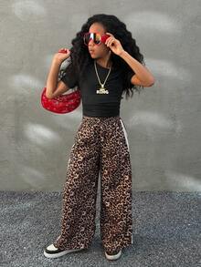 Coolane Kids Tween Girls Four Seasons, Daily Wear Athleisure,Black Solid Knit Crew Neck Short Sleeve Top And Leopard Print Wide Leg Pants Set,Basic 2pcs/Two Piece Comfortable ,Halloween,  Christmas - Multicolor - View 3