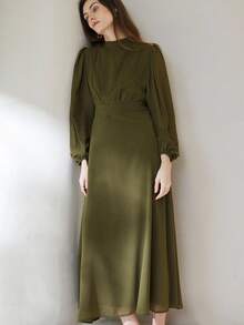 Aveloria Modichic Váy dài tay xếp ly eo trước bằng vải chiffon thanh lịch, đa năng khi đi làm - Màu xanh Ô liu - Xem 5