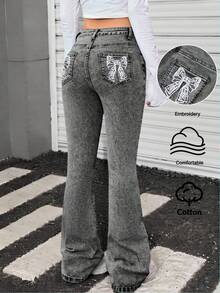 Jeans elásticos de cintura ajustable con bordado de lazo gris oscuro y copos de nieve, estilo urbano y callejero Y2K para niñas preadolescentes - Negro - Ver 4
