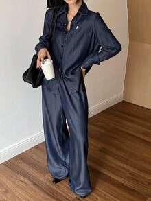 DAZY Women's Casual Loose Shirt And Wide Leg Jeans Suit, Autumn - Navy Blue - View 4