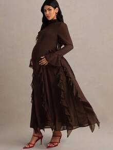 MaterniChic 孕妇纯色立领插肩袖荷叶边下摆时尚连衣裙 - 棕色 - 查看 7