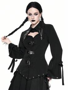 ROMWE Gothic Cross Pendant Slim Fit Women Shirt For Halloween - Black - View 4