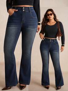 Elaquor Oversized Blue Jeans With A High Waist And Slim Fit. Comfortable And High-Stretch Denim. French And Elegant Flared Jeans Perfect For Autumn. - Dark Wash - View 1