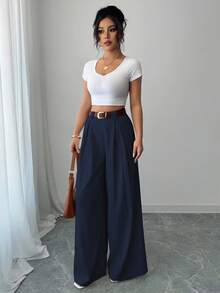 SHEIN PETITE Women's Casual Solid Color Wide Leg Pants, Versatile For Daily Commute Fall Cloth For Women - Navy Blue - View 6