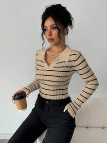 SHEIN PETITE 女式经典条纹时尚 Polo 领翻领修身短款针织套头衫，秋冬 - 杏色 - 查看 4