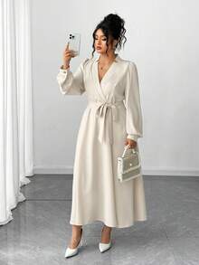 Elenzga Plus Size Women Elegant Long Sleeve Bowknot A-Line Dress, Autumn/Winter Fall Cloth For Women - Yellow - View 5