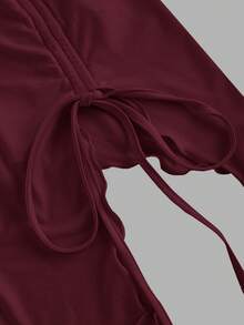 SHEIN MOD 多件式紧身胸衣上衣，侧边系腰褶，复古印花抹胸，秋季上衣，外出上衣，棕色背心 - 酒紅色 - 查看 4