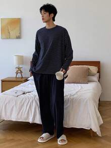 DAZY Navy Striped Top & Solid Color Elastic Waist Pants Men's Casual Pajama Set, Autumn, Fall Winter Clothes