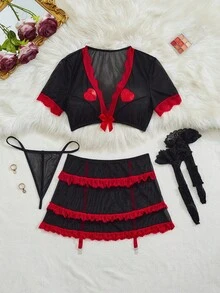 SHEIN 5pcs/Set Women's Sexy Lingerie Set (Wireless Bra, G-String, Mini Skirt, 2pcs Fishnet Stockings) - black red - View 3