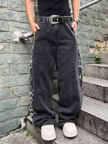 Manfinity EMRG 大码男士休闲水洗水钻装饰牛仔裤 - 黑色 - 查看 4