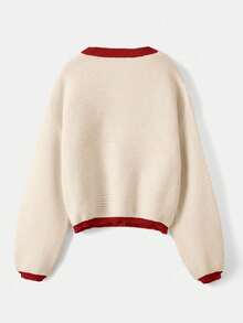 ROMWE Kawaii 女士时尚休闲可爱钩针草莓纽扣开衫 - 杏色 - 查看 5