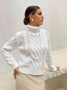 Lavishia 女式休闲扭纹图案高领长袖毛衣，秋季 - 杏色 - 查看 5