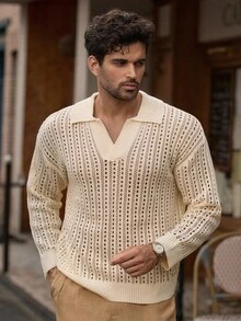 Manfinity VCAY Men's Casual Textured Hollow-Out Knit Sweater, Fall Winter - White - View 4