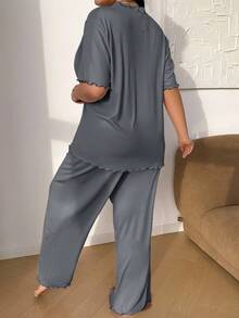 SHEIN Conjunto de pijama de manga larga y pantalones de punto acanalado con decoración de lazo de unicolor, talla grande - Gris - Ver 2