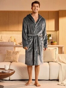 Manfinity Underwear&Sleepwear Basics Men's Letter Embroidery Hooded Long Sleeve Pocket Casual Fluffy Robe, Fall Winter, Cozy - Multicolor - View 3