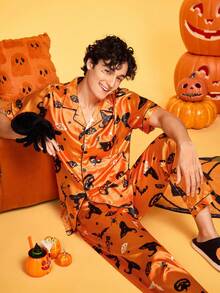 Halloween Satin Shiny Wizard Hat Funny Print Silly Pumpkin Bat Skull Family Party Cardigan Pajama Set 2pcs For Men - Orange - View 1