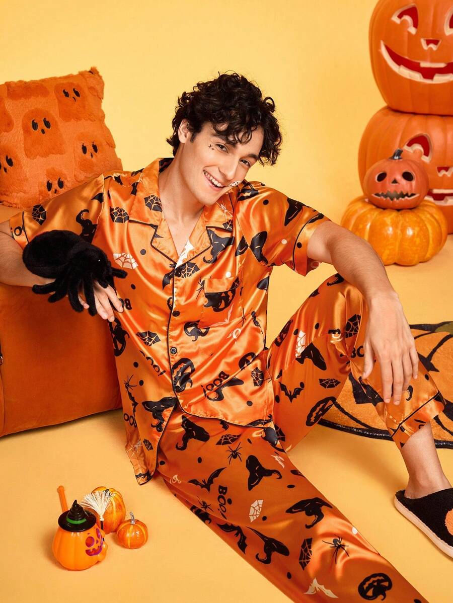 Halloween Satin Shiny Wizard Hat Funny Print Silly Pumpkin Bat Skull Family Party Cardigan Pajama Set 2pcs For Men - Orange - View 1