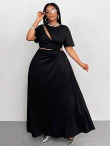 Maweii 大码女式优雅纯色不对称镂空短袖连衣裙