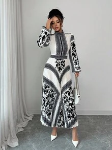 Elenzga 女士印花腰部褶边立领优雅日常通勤商务法式浪漫约会派对圣诞节节日灯笼袖长袖连衣裙，秋冬 - 彩色 - 查看 3