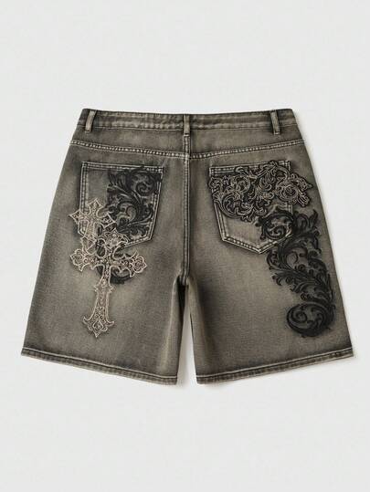 Goth Men's Casual Street Style Cross Embroidered Pocket Denim Jeans