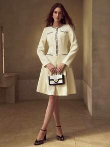 MOTF PREMIUM CONTRAST TRIM PATCH POCKET FOLD PLEATED SHORT DRESS