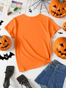 Trang phục hóa trang Halloween cho nữ mùa hè, ngày lễ, thời trang thường ngày, hoạt hình sáng tạo, dễ thương, họa tiết bàn cờ, bí ngô, hoa, ma, quỷ, áo thun tay ngắn cơ bản rộng rãi - Màu Khaki - Xem 2