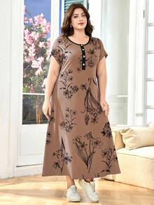 Lacomfia Plus Size Women Floral Print Button Design Casual Loose Short Sleeve Dress - Red - View 3