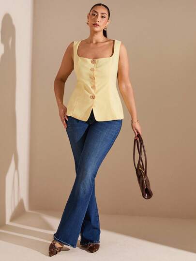 SHEIN BAE 大码女式金属色单排扣无袖上衣，夏季时尚秋冬季女装，适合万圣节、圣诞节等场合，优雅百搭，适合派对、婚礼、婚礼等场合，也可作为休闲上衣穿着。