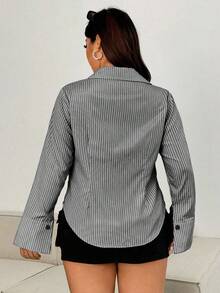 Sweetra Plus Size 1pc Women Vertical Striped Shirt, New Autumn Elegant Fitted Waist Top Fall Cloth For Women