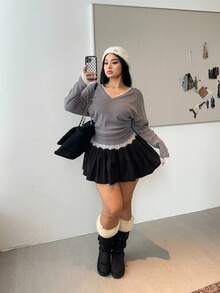 Vibekara Plus Size Women Batwing Sleeve T-Shirt Top, Patchwork Lace & Ribbed Casual Chic Pullover Fall Cloth For Women