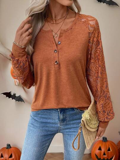 EMERY ROSE Women's Contrast Lace Raglan Sleeve Button Half Placket Casual Sweatshirt Burnt Orange Top Lace Long Sleeve Top Brown Lace Top Brown Long Sleeve Top Rust Brown Top Halloween Clothes Sweatshirts For Women Fall Clothes For Women Sudadera Halloween Costumes,