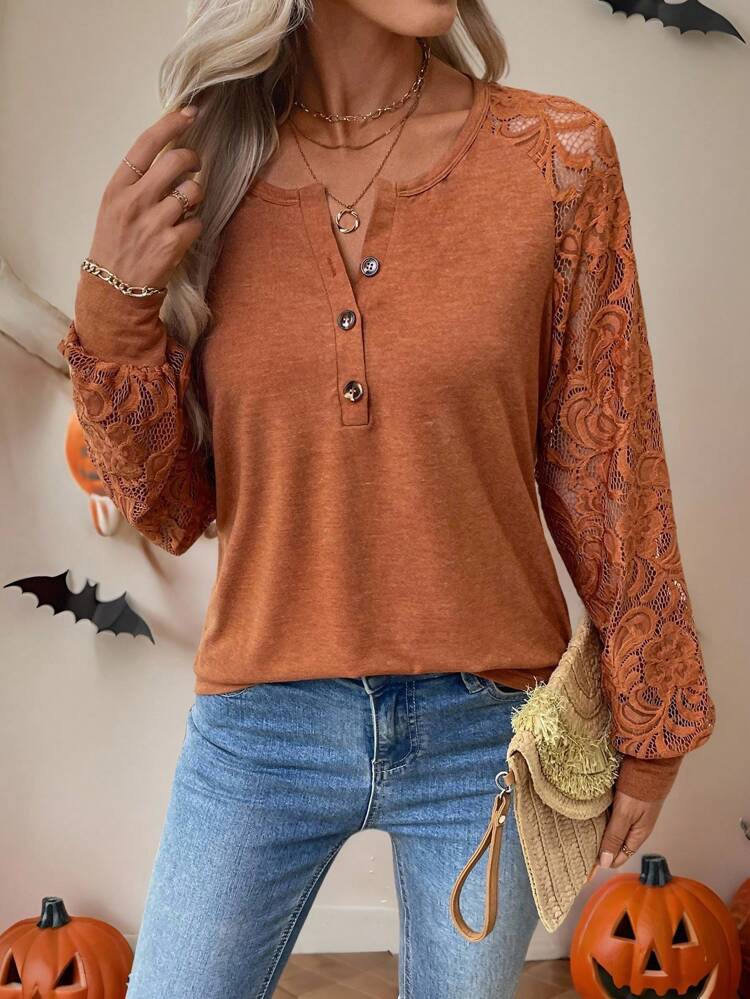 Women's Contrast Lace Raglan Sleeve Button Half Placket Casual Sweatshirt Burnt Orange Top Lace Long Sleeve Top Brown Lace Top Brown Long Sleeve Top Rust Brown Top Halloween Clothes Sweatshirts For Women Fall Clothes For Women Sudadera Halloween Costumes,