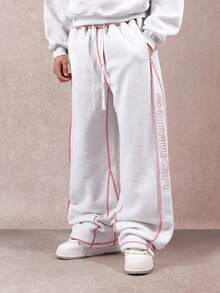 SUMWON Hochtaillierte weite Sweathose mit kontrastierenden roten Nähten, Kordelzug Taille, entspannte Loungewear Jogginghose, Wintermode Komfort Bekleidung